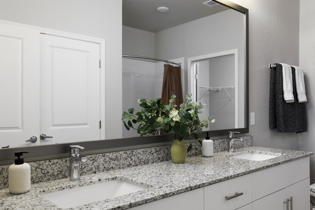 a bathroom with two sinks and a mirror