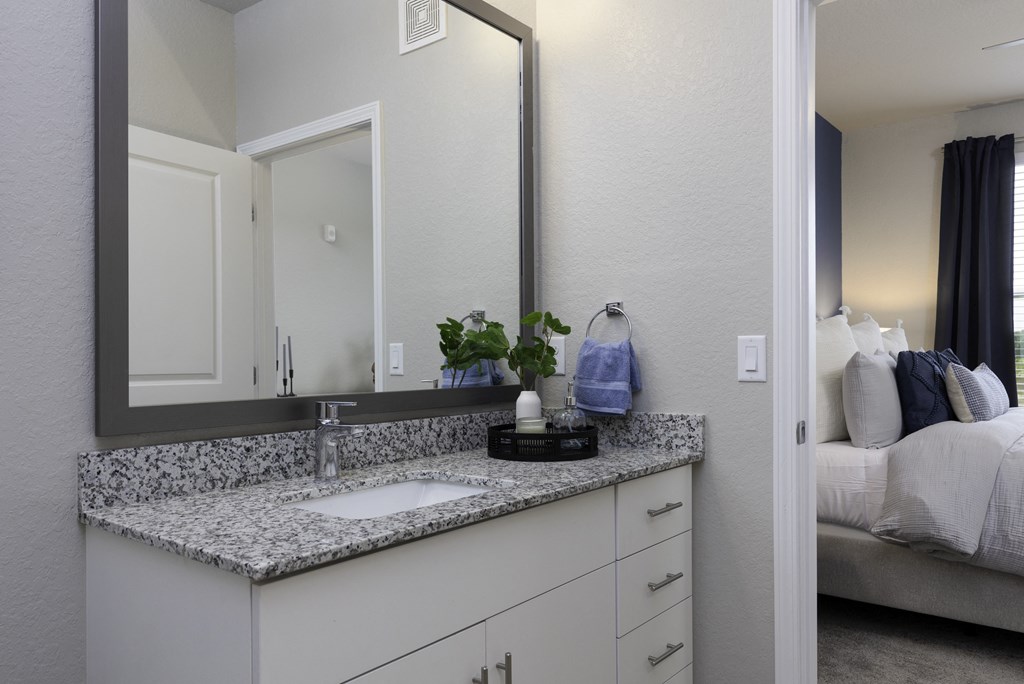 a bathroom with granite counter top and a large mirror