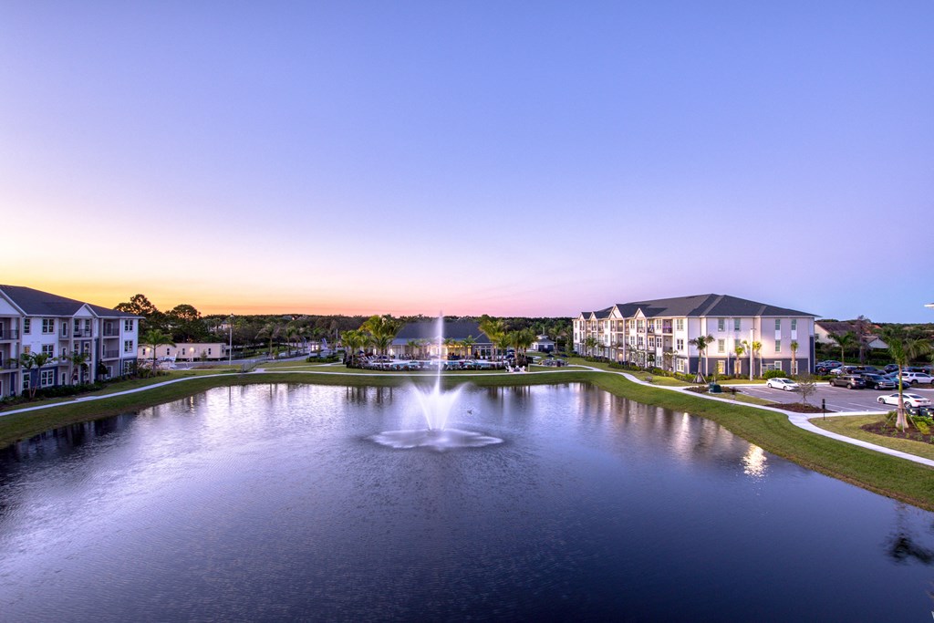 a fountain in the middle of a pond with houses around it