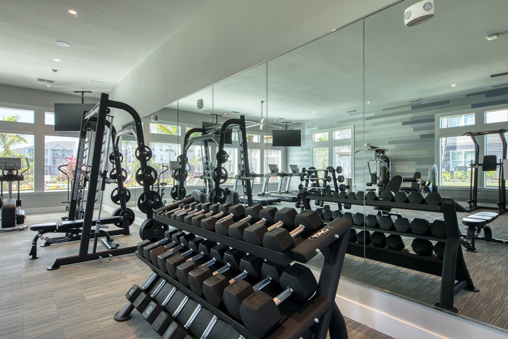 two rows of weights machines in a fitness room with mirrors