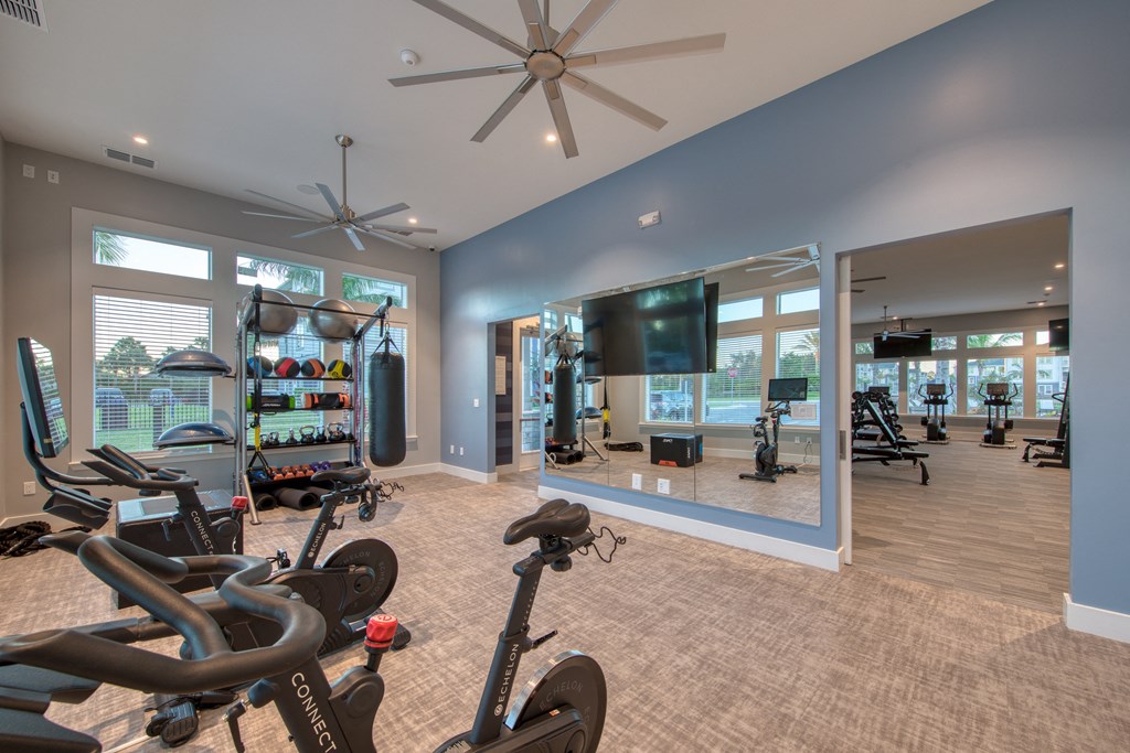 a gym with exercise machines and a ceiling fan