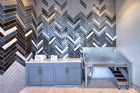 a kitchen with blue cabinets and a stainless steel sink and a checkered wall