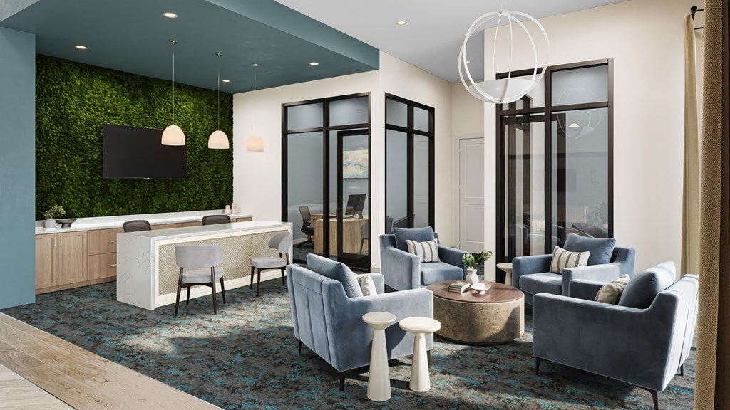 a rendering of a lobby with blue chairs and a reception desk