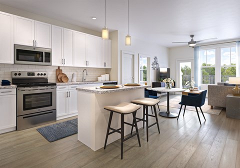 a kitchen and living room with an island and stools