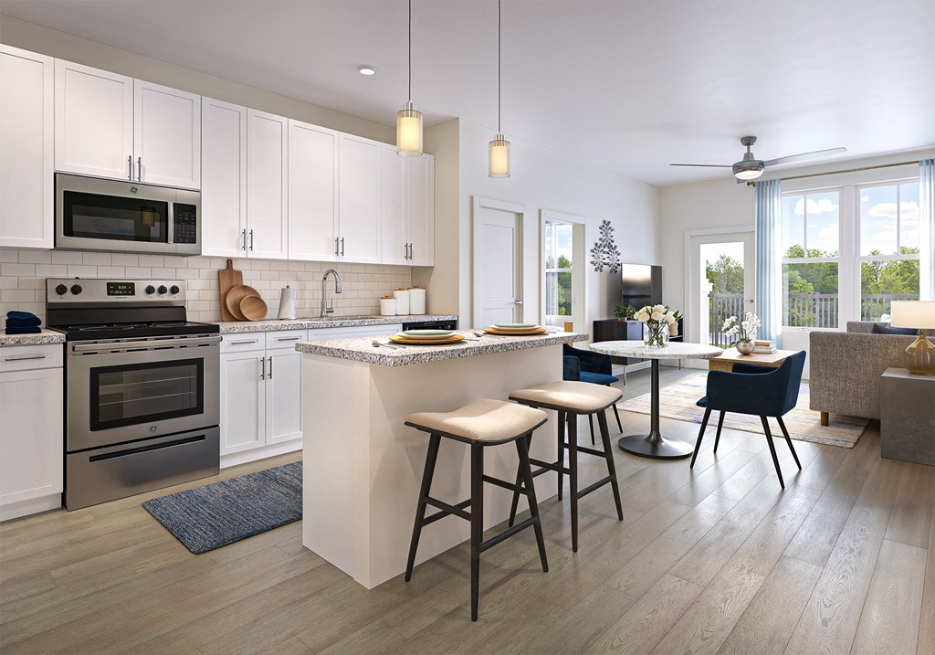 a kitchen and living room with an island and bar stools