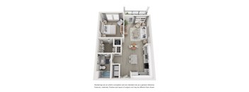 a stylized view of a 1 bedroom floor plan with a bathroom and a balcony