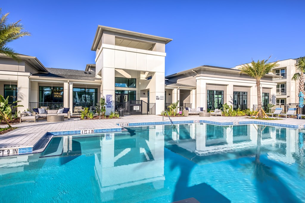 View of clubhouse from across the pool.