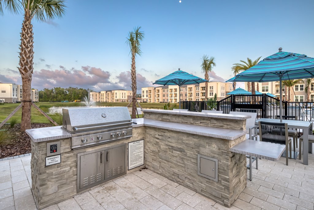 Poolside BBQs and seating.