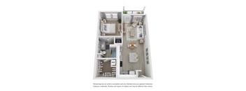 a stylized floor plan with a bedroom and a living room