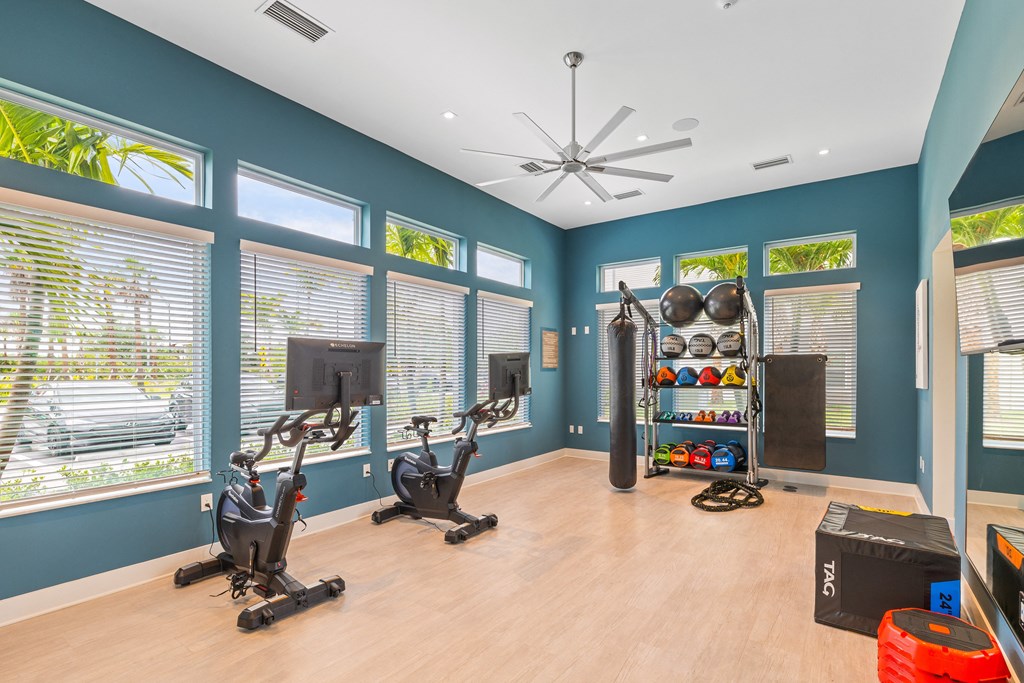 the gym has plenty of exercise equipment and windows