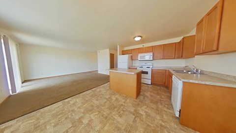 A kitchen with wooden cabinets and a countertop.