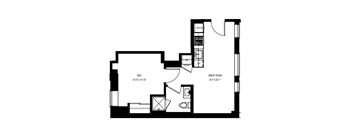 A floor plan of a house with a great room and a kitchen.