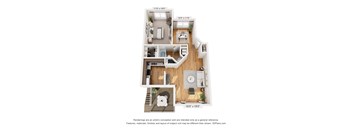 A 3D floor plan of a house with a kitchen, living room, and two bedrooms.