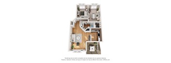 A 3D floor plan of a house with a kitchen, living room, and bathroom.