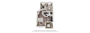 A 3D floor plan of a house with a kitchen, living room, and bathroom.