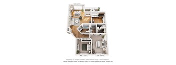 A 3D floor plan of a house with a living room, dining room, kitchen, and two bedrooms.