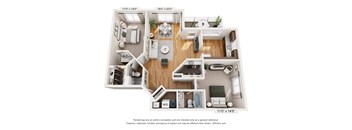 A 3D floor plan of a small apartment with a kitchen, living room, and bathroom.