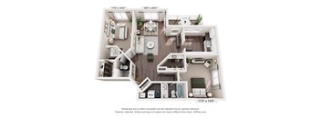 A 3D floor plan of a small apartment with a kitchen, living room, and bathroom.
