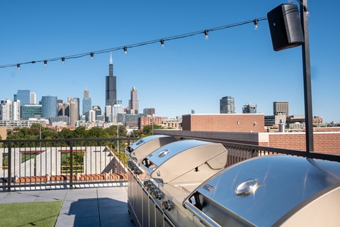 A city skyline is visible in the distance behind a row of metallic domes.