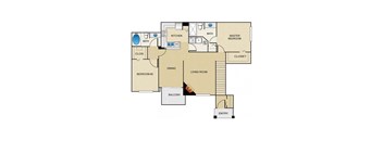 A floor plan of a house with a master bedroom, two bathrooms, a kitchen, a living room, a dining room, a balcony, and an entry.