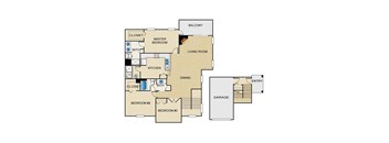 A floor plan of a house with a living room, dining room, kitchen, three bedrooms, a bathroom, a closet, a balcony, and a garage.
