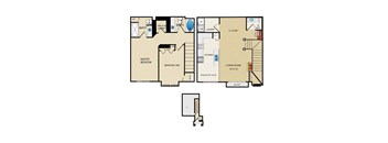 A floor plan of a house with a master bedroom, a living room, a kitchen, a dining room, and two bathrooms.