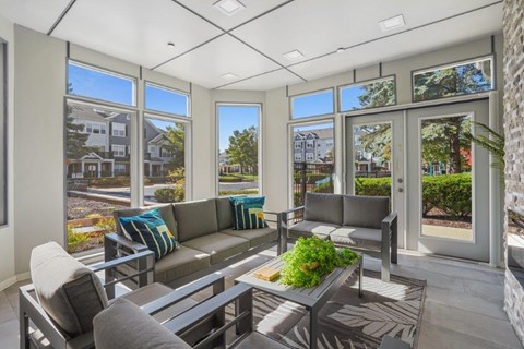 A sunny day in a modern living room with a grey sofa and a coffee table.