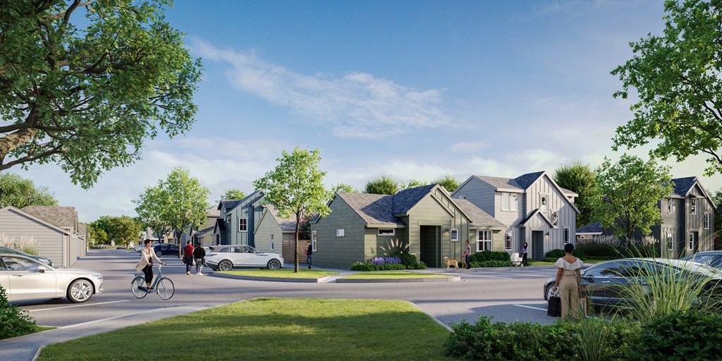 a rendering of a neighborhood with houses on a street