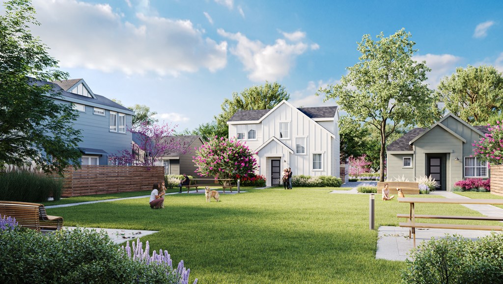 a rendering of a neighborhood with houses and a lawn