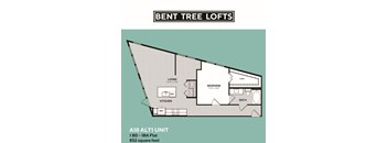 A floor plan for the Bent Tree Lofts, showing a living area, bedroom, bathroom, kitchen, and closet.