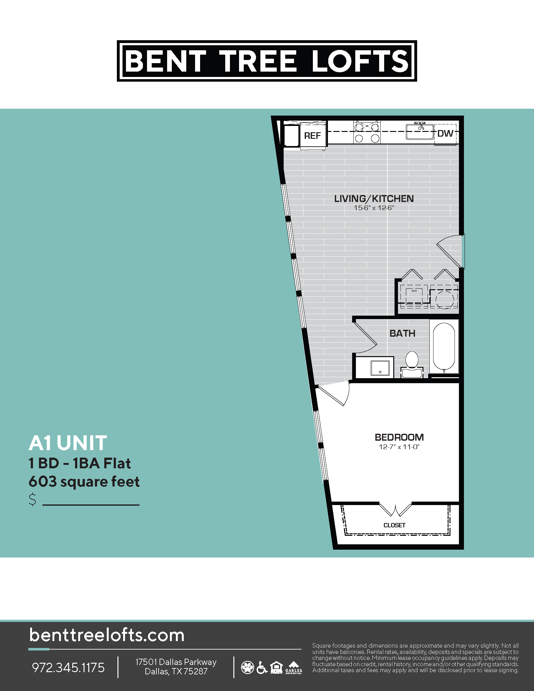 A floor plan for a 603 square foot apartment at Bent Tree Lofts.