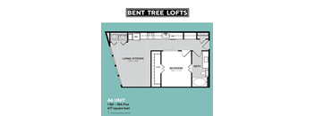 A floor plan for a Bent Tree Lofts apartment, showing a living/kitchen area, bedroom, and bathroom.