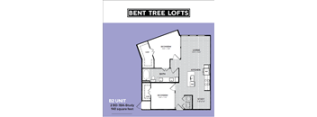 A floor plan for Bent Tree Lofts shows a 2 Bedroom, 1 Bathroom unit with a living area, kitchen, and study.