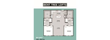 A floor plan of a Bent Tree Lofts apartment with two bedrooms, a living room, a dining area, a kitchen, and two bathrooms.