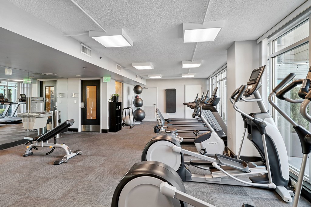 a gym with various exercise machines and windows at The Zenith, Baltimore, MD, 21201