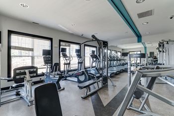 a large fitness room with cardio equipment and windows at Ellicott Grove, Ellicott City