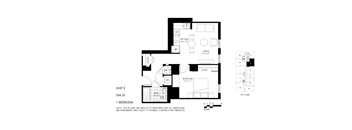 A floor plan of a one bedroom apartment.