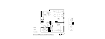 A black and white image of a floor plan for a 655 square foot, one bedroom apartment.