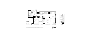 A black and white image of a floor plan for a one bedroom apartment.