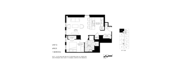 A black and white image of a floor plan for a unit with a kitchen, living room, bedroom, and bathroom.