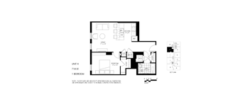 A black and white image of a floor plan for a one bedroom apartment.
