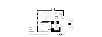 A black and white image of a floor plan for a 756 square foot home with one bedroom.