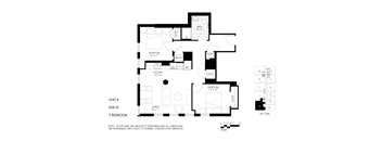 A black and white floor plan of a unit with a kitchen, living room, and two bedrooms.