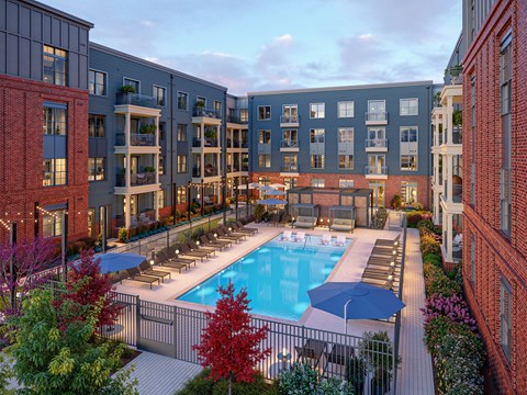 Courtyard pool area surrounded by apartment buildings at The Terrace Apartments, Frederick, MD 21701