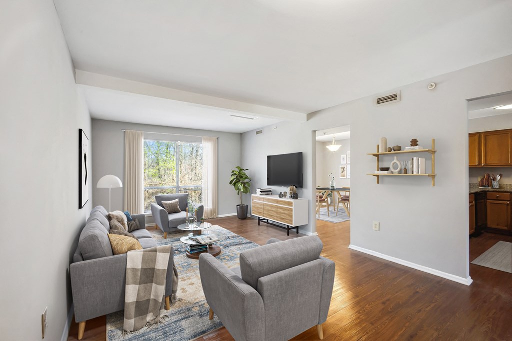 a living room with couches and chairs and a tv at Villages at Morgan Metro, Landover
