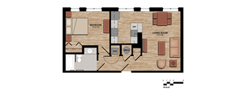 A floor plan of a house with a living room, bedroom, and bathroom.