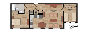 A floor plan of a house with two bedrooms, a living room, and a bathroom.