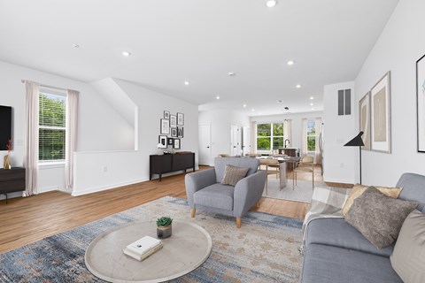 A living room with a grey couch and a rug.