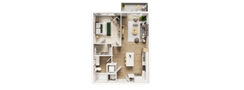 A top-down view of a small, neatly organized apartment.