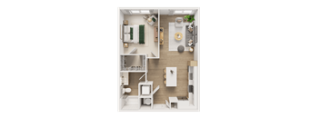 A top-down view of a well-organized, modern bedroom with a green accent.